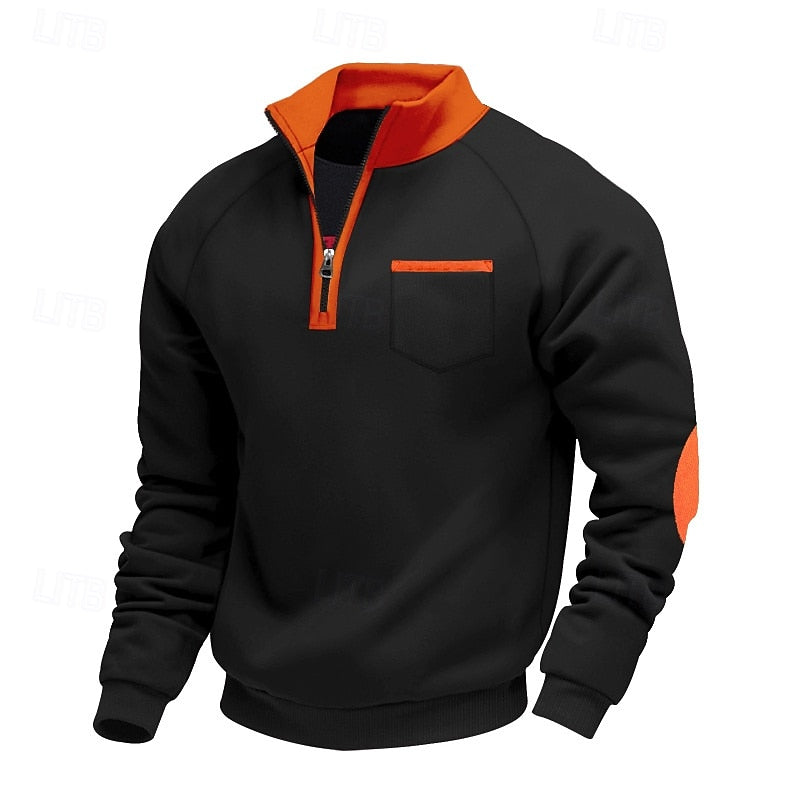 Quarter-Zip Pullover Sweatshirt Men's Color Block Stand Collar Chest Pocket – Casual, Office