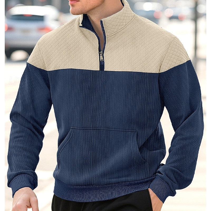 Quarter-Zip Pullover Sweatshirt Men's Color Block Stand Collar with Pocket – Casual, Office, Everyday