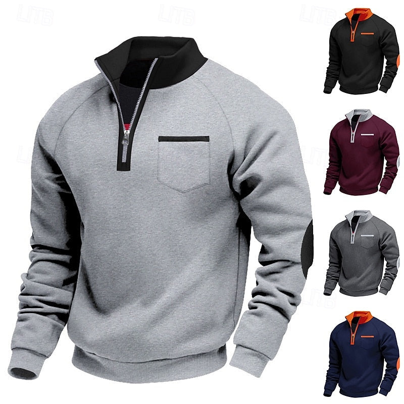 Quarter-Zip Pullover Sweatshirt Men's Color Block Stand Collar Chest Pocket – Casual, Office