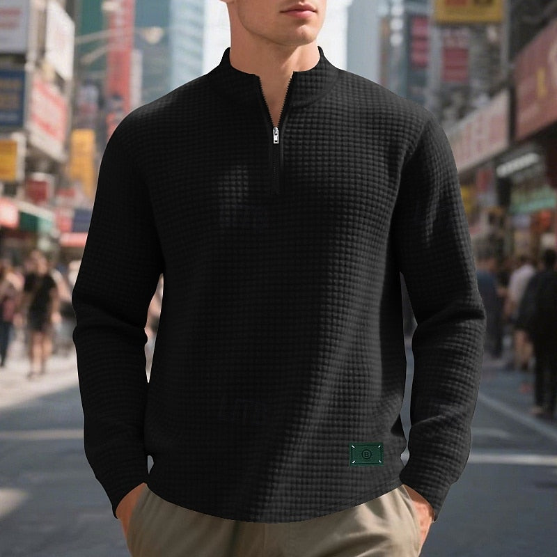 Quarter-Zip Pullover Sweatshirt Men's Gray Waffle Textured Long Sleeve Stand Collar – Casual, Office, Gift