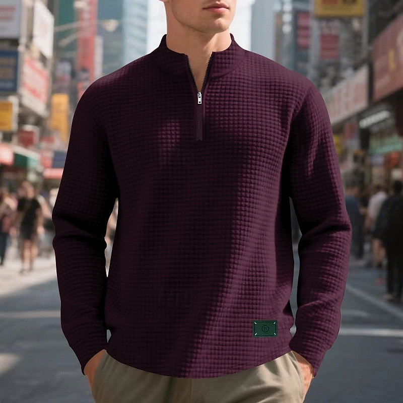Quarter-Zip Pullover Sweatshirt Men's Gray Waffle Textured Long Sleeve Stand Collar – Casual, Office, Gift