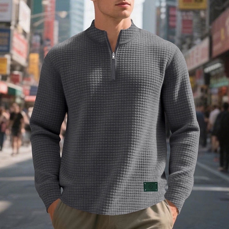 Quarter-Zip Pullover Sweatshirt Men's Gray Waffle Textured Long Sleeve Stand Collar – Casual, Office, Gift