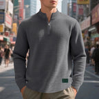 Quarter-Zip Pullover Sweatshirt Men's Gray Waffle Textured Long Sleeve Stand Collar – Casual, Office, Gift