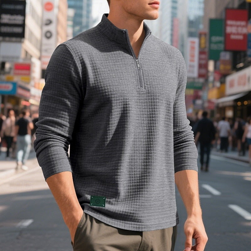 Quarter-Zip Pullover Sweatshirt Men's Gray Waffle Textured Long Sleeve Stand Collar – Casual, Office, Gift