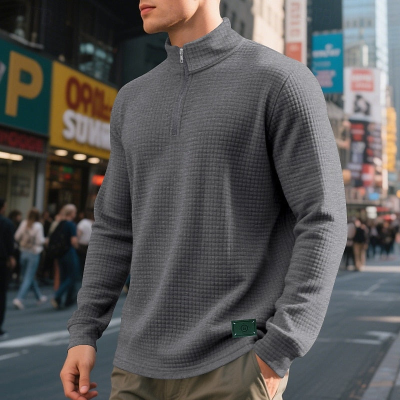 Quarter-Zip Pullover Sweatshirt Men's Gray Waffle Textured Long Sleeve Stand Collar – Casual, Office, Gift