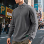 Quarter-Zip Pullover Sweatshirt Men's Gray Waffle Textured Long Sleeve Stand Collar – Casual, Office, Gift