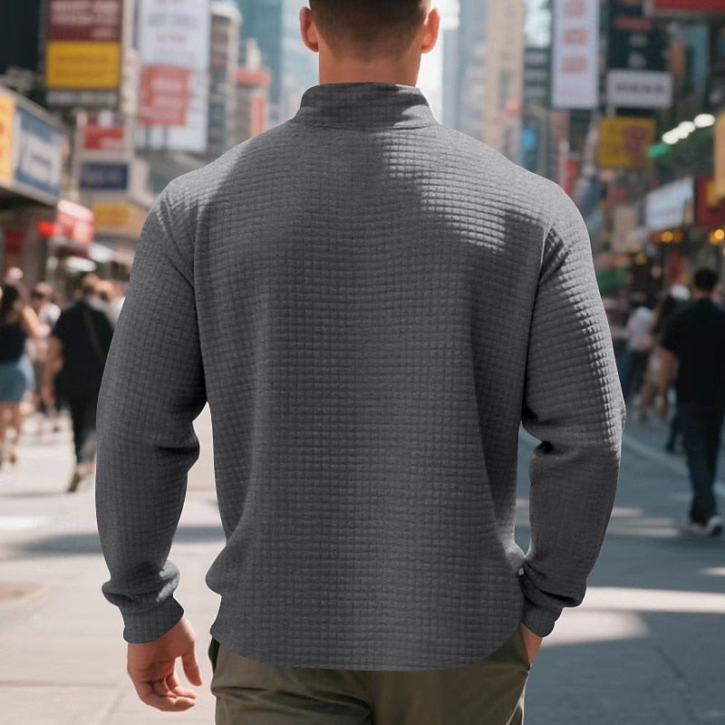 Quarter-Zip Pullover Sweatshirt Men's Gray Waffle Textured Long Sleeve Stand Collar – Casual, Office, Gift