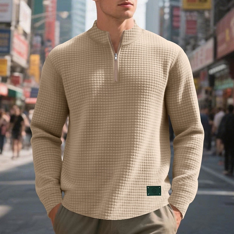 Quarter-Zip Pullover Sweatshirt Men's Gray Waffle Textured Long Sleeve Stand Collar – Casual, Office, Gift
