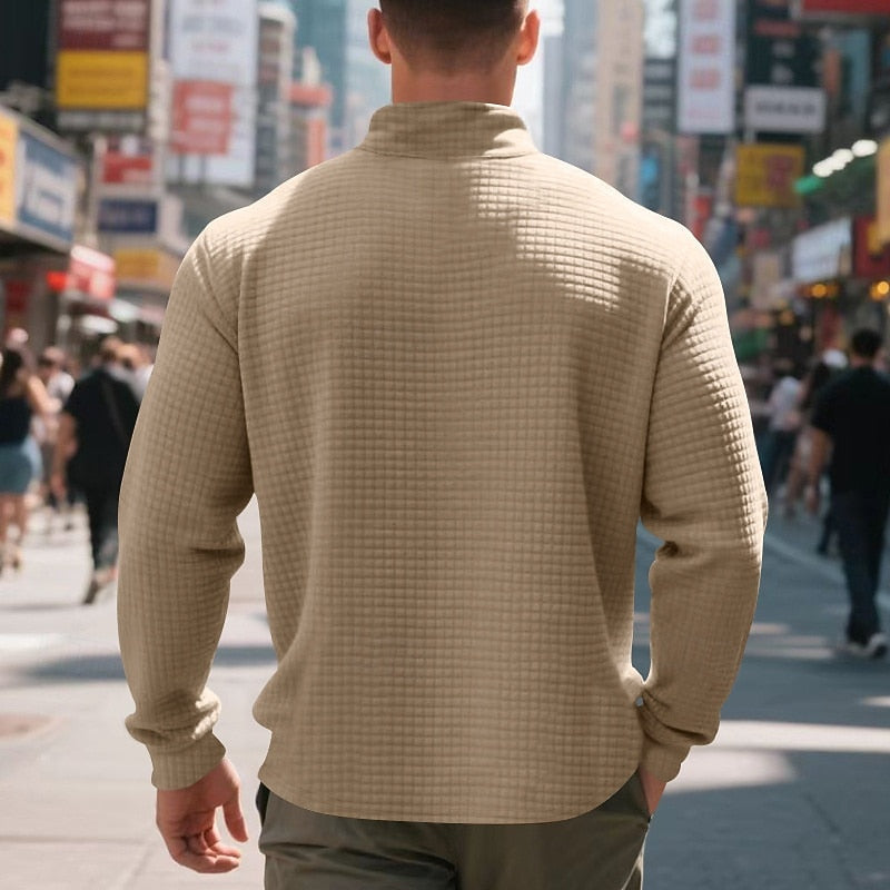 Quarter-Zip Pullover Sweatshirt Men's Gray Waffle Textured Long Sleeve Stand Collar – Casual, Office, Gift