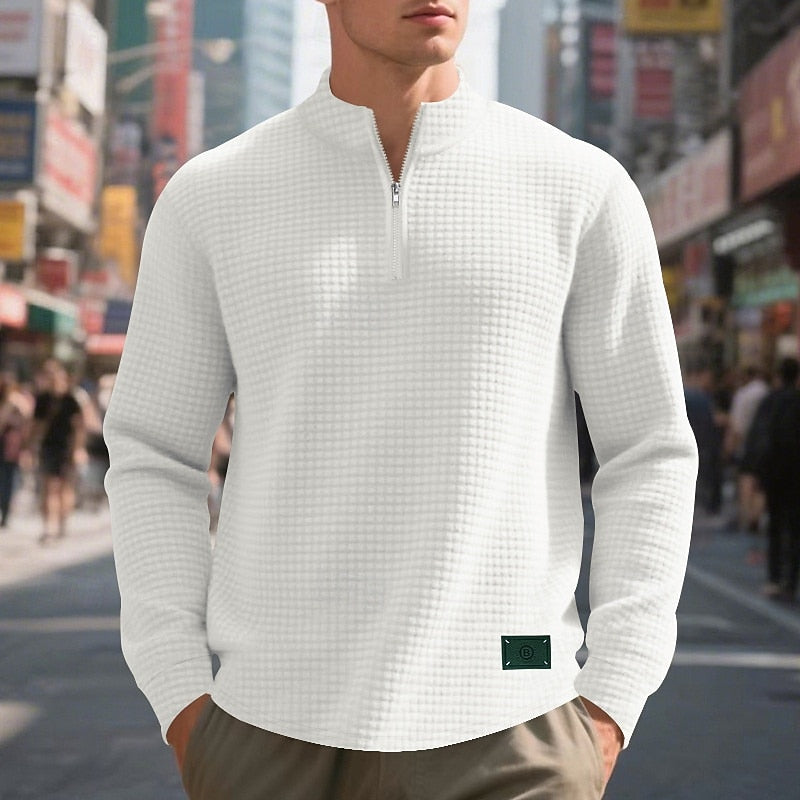 Quarter-Zip Pullover Sweatshirt Men's Gray Waffle Textured Long Sleeve Stand Collar – Casual, Office, Gift