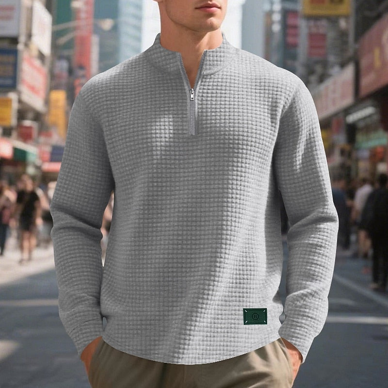 Quarter-Zip Pullover Sweatshirt Men's Gray Waffle Textured Long Sleeve Stand Collar – Casual, Office, Gift