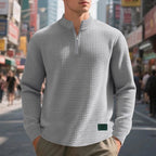 Quarter-Zip Pullover Sweatshirt Men's Gray Waffle Textured Long Sleeve Stand Collar – Casual, Office, Gift
