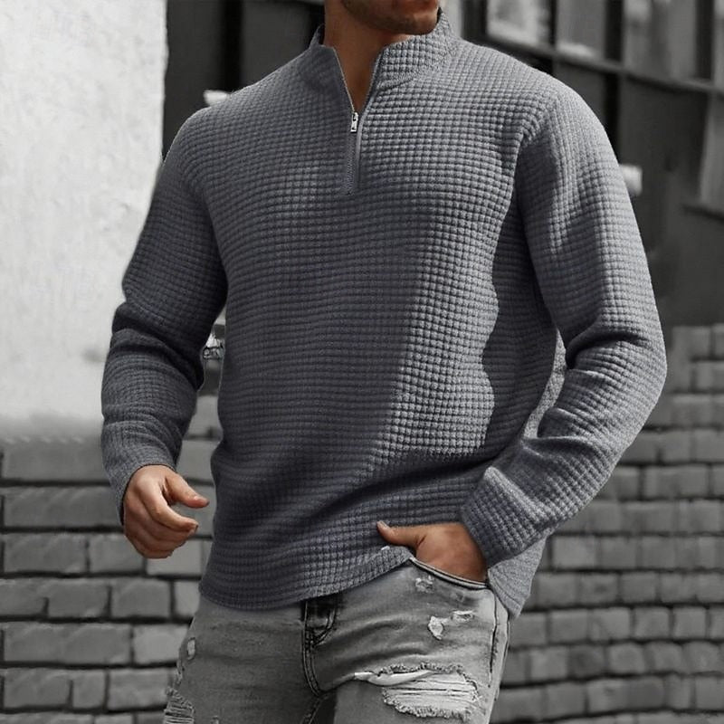 Quarter-Zip Pullover Sweatshirt Men's Gray Waffle Textured Long Sleeve Stand Collar – Casual, Office, Gift