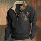 Quarter-Zip Pullover Sweatshirt Men's Sherpa Collar Deer Print Khaki – Casual, Outdoor, Winter, Gift