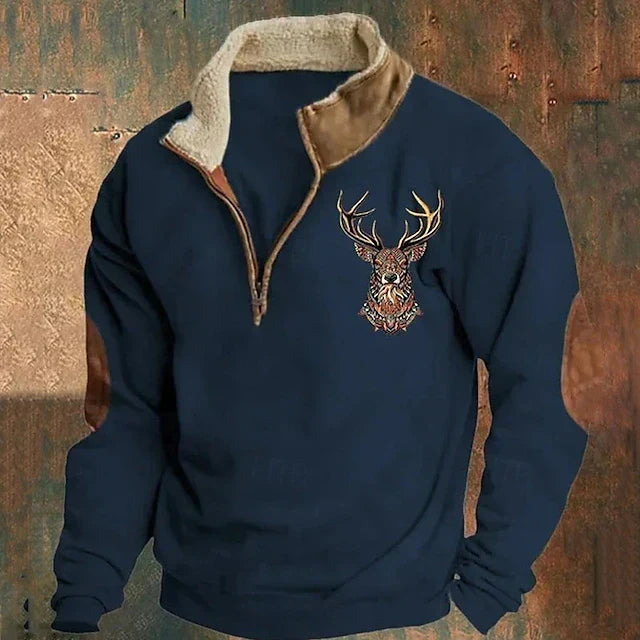 Quarter-Zip Pullover Sweatshirt Men's Sherpa Collar Deer Print Khaki – Casual, Outdoor, Winter, Gift