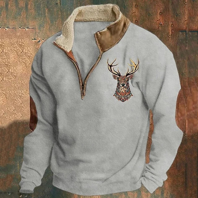 Quarter-Zip Pullover Sweatshirt Men's Sherpa Collar Deer Print Khaki – Casual, Outdoor, Winter, Gift