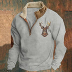 Quarter-Zip Pullover Sweatshirt Men's Sherpa Collar Deer Print Khaki – Casual, Outdoor, Winter, Gift