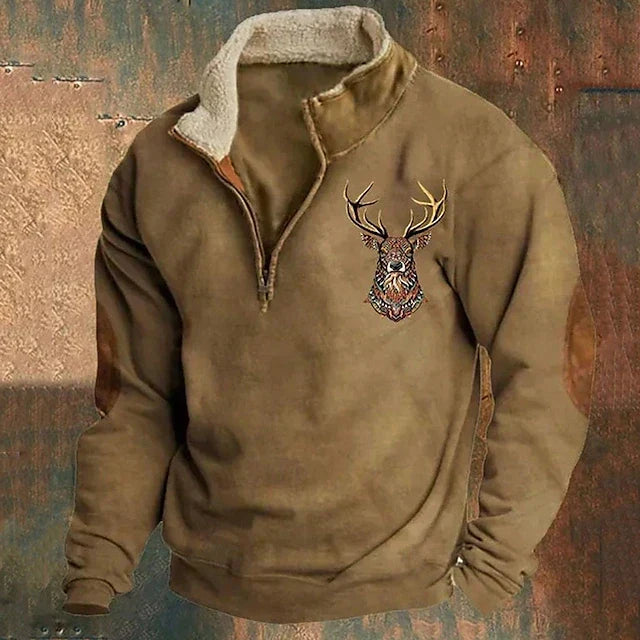 Quarter-Zip Pullover Sweatshirt Men's Sherpa Collar Deer Print Khaki – Casual, Outdoor, Winter, Gift