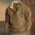 Quarter-Zip Pullover Sweatshirt Men's Sherpa Collar Deer Print Khaki – Casual, Outdoor, Winter, Gift
