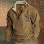 Quarter-Zip Pullover Sweatshirt Men's Sherpa Collar Deer Print Khaki – Casual, Outdoor, Winter, Gift
