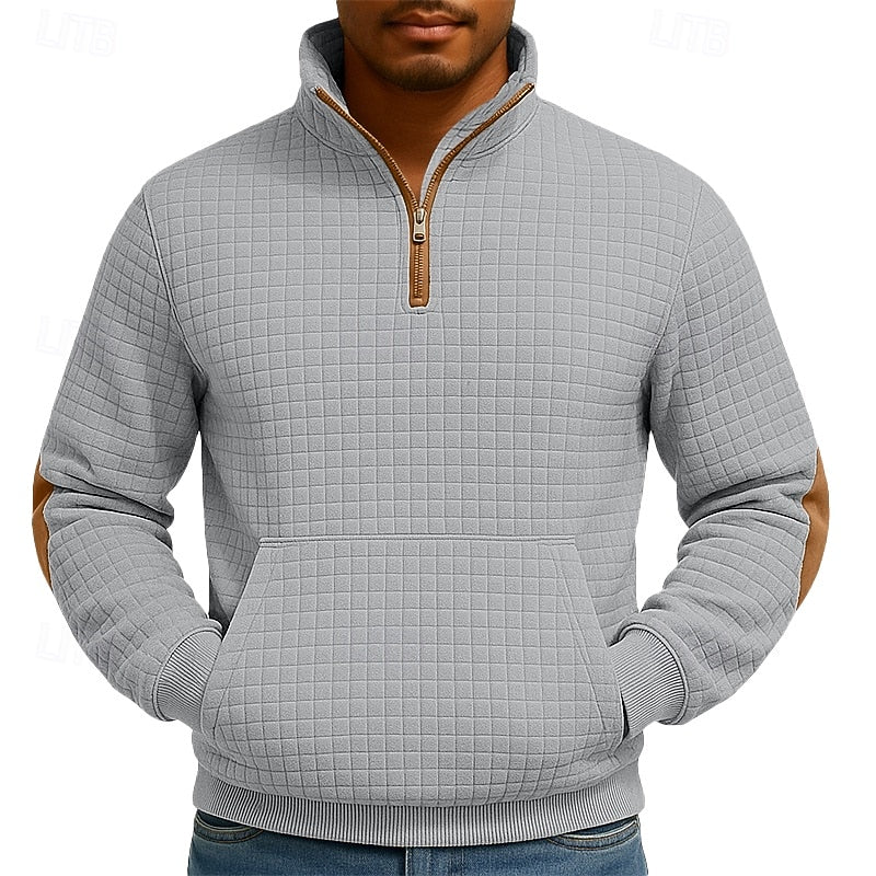 Quarter-Zip Pullover Sweatshirt Men's Textured Stand Collar with Pocket – Casual, Office, Gift
