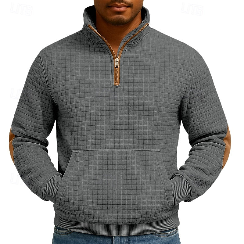 Quarter-Zip Pullover Sweatshirt Men's Textured Stand Collar with Pocket – Casual, Office, Gift