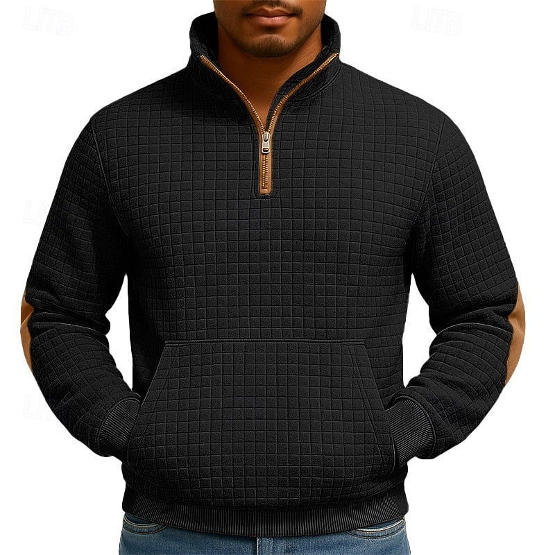 Quarter-Zip Pullover Sweatshirt Men's Textured Stand Collar with Pocket – Casual, Office, Gift