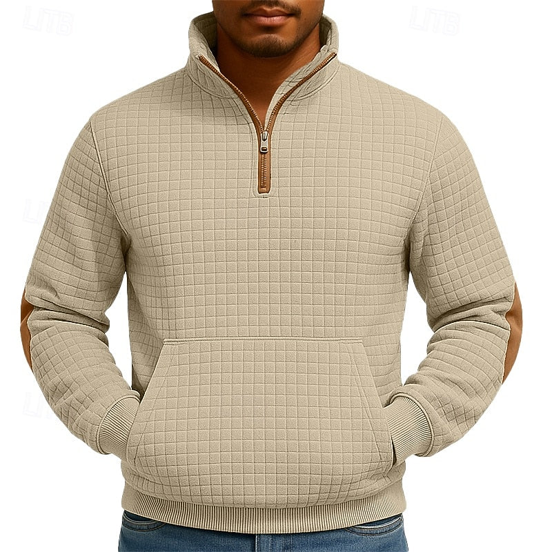 Quarter-Zip Pullover Sweatshirt Men's Textured Stand Collar with Pocket – Casual, Office, Gift