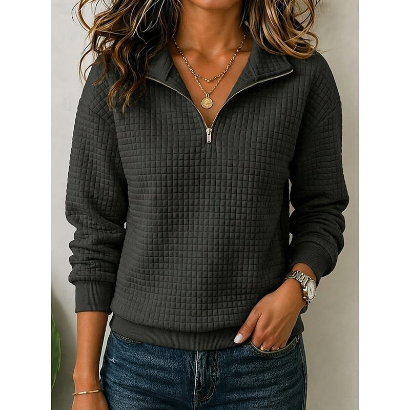 Quarter-Zip Pullover Sweatshirt Women's Textured Long Sleeve Top Green – Casual, Office, Gift