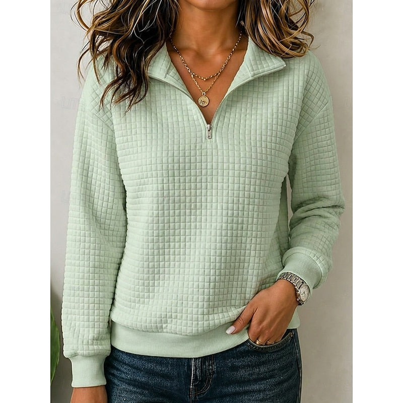 Quarter-Zip Pullover Sweatshirt Women's Textured Long Sleeve Top Green – Casual, Office, Gift
