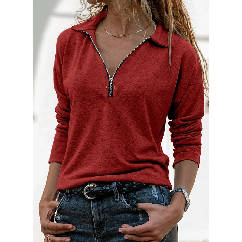 Quarter-Zip Pullover Top Women's Gray Long Sleeve Collared Sweatshirt – Casual, Office