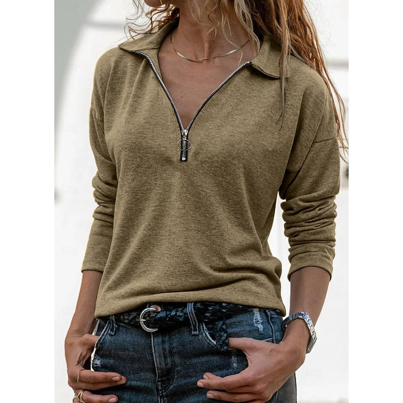 Quarter-Zip Pullover Top Women's Gray Long Sleeve Collared Sweatshirt – Casual, Office