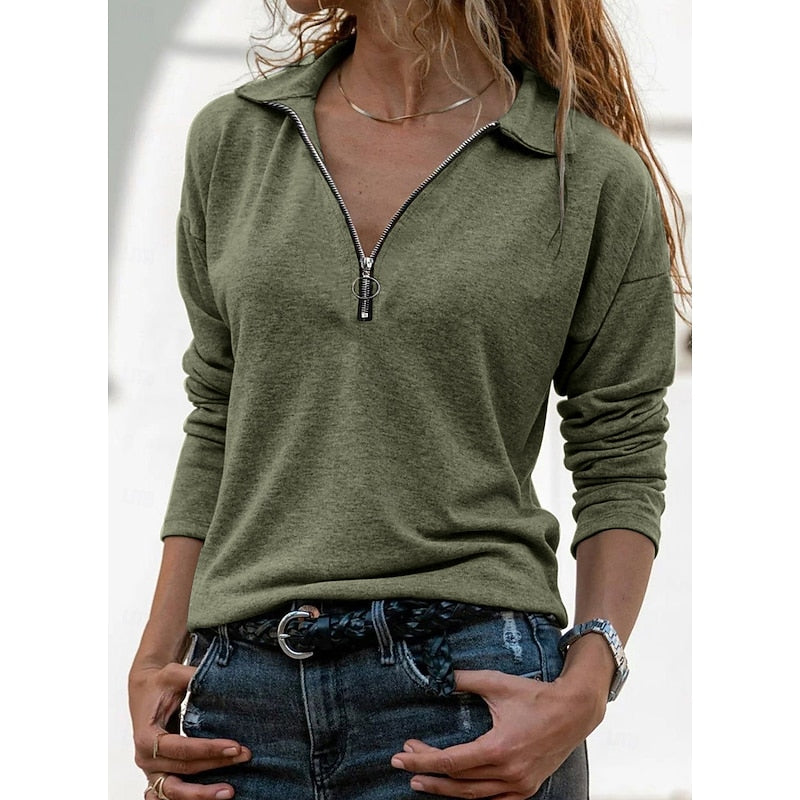 Quarter-Zip Pullover Top Women's Gray Long Sleeve Collared Sweatshirt – Casual, Office