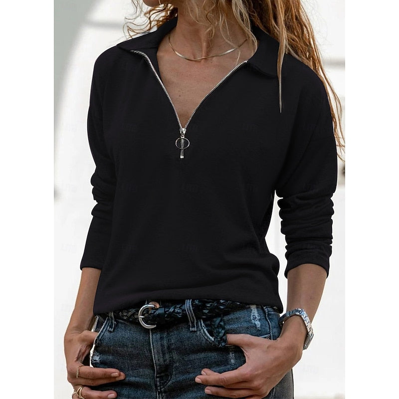 Quarter-Zip Pullover Top Women's Gray Long Sleeve Collared Sweatshirt – Casual, Office