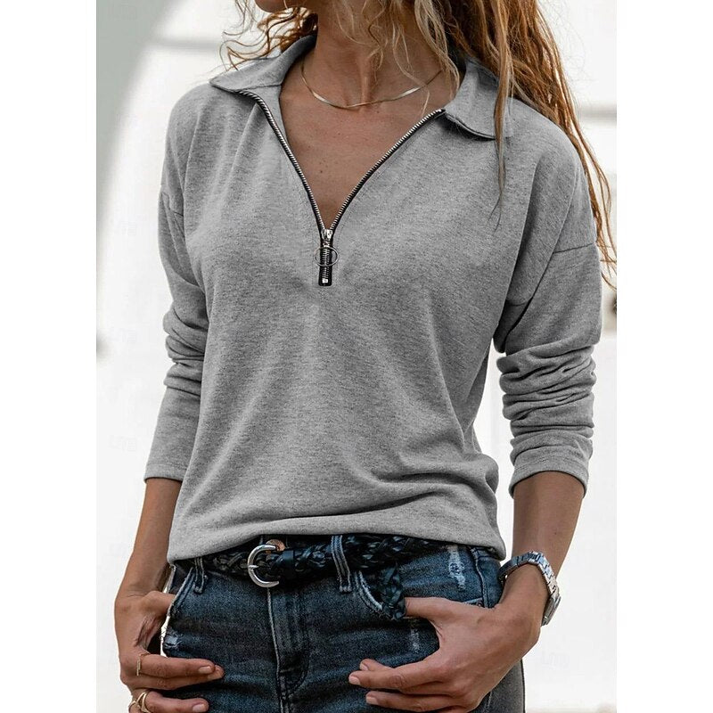 Quarter-Zip Pullover Top Women's Gray Long Sleeve Collared Sweatshirt – Casual, Office