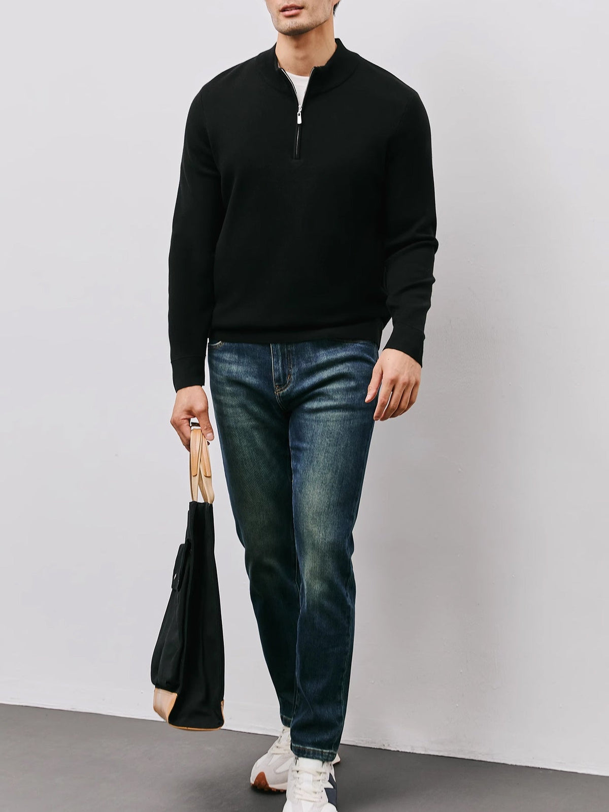 Quarter-Zip Sweater Men's Black Long Sleeve Mock Neck Pullover – Office, Casual Everyday Wear