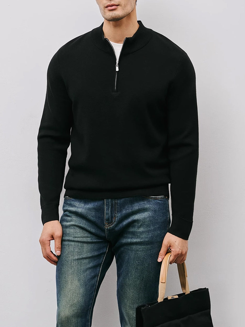 Quarter-Zip Sweater Men's Black Long Sleeve Mock Neck Pullover – Office, Casual Everyday Wear