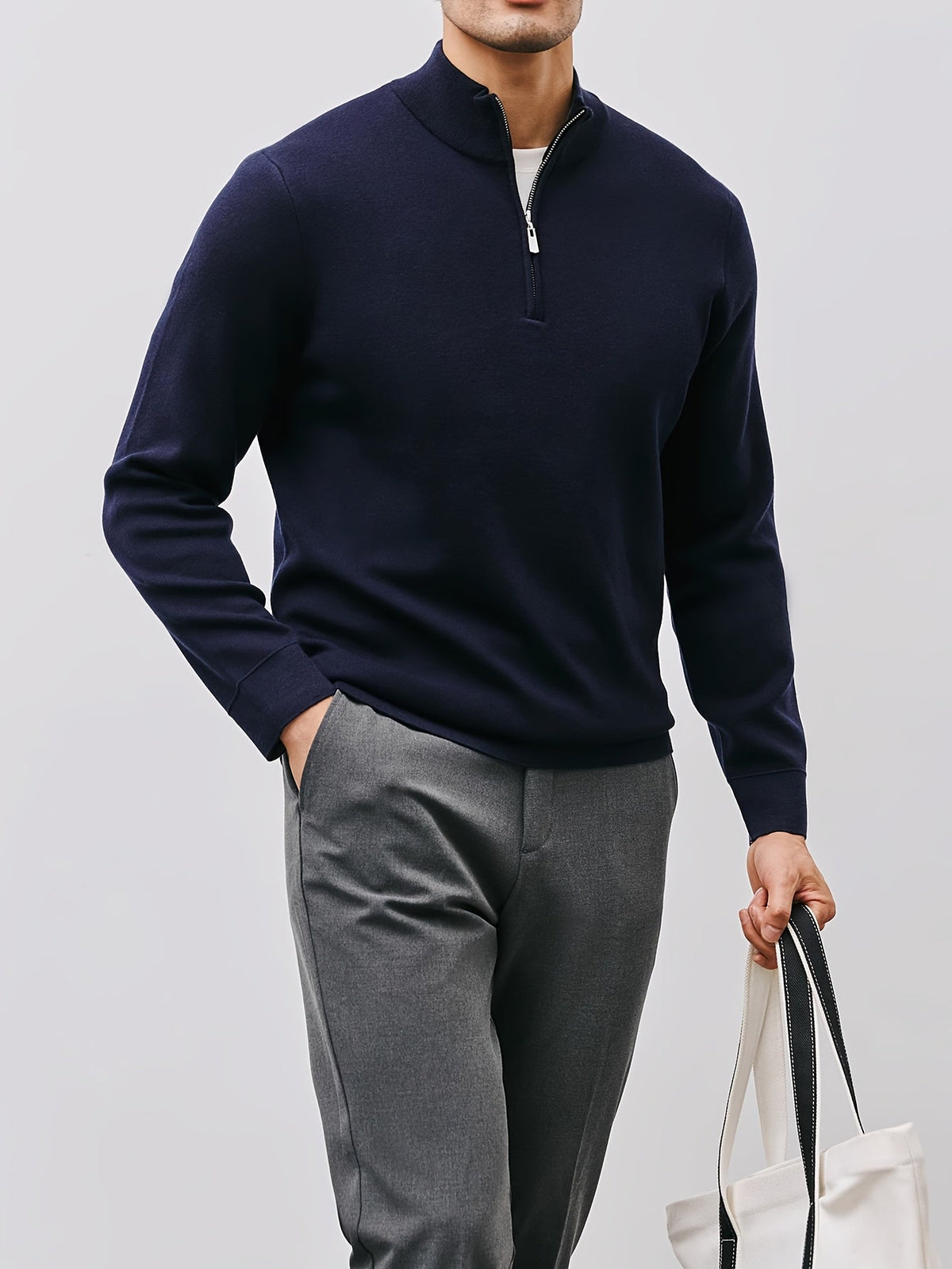 Quarter-Zip Sweater Men's Black Long Sleeve Mock Neck Pullover – Office, Casual Everyday Wear