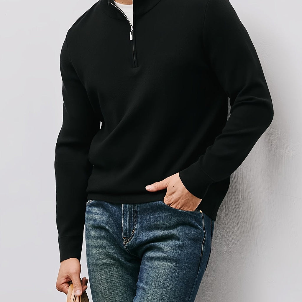 Quarter-Zip Sweater Men's Black Long Sleeve Mock Neck Pullover – Office, Casual Everyday Wear
