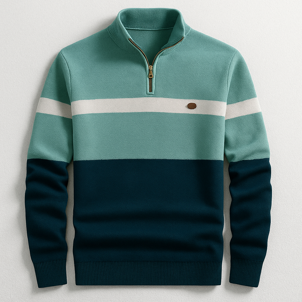 Quarter-Zip Sweater Men's Color Block Knit Mock Neck Pullover – Casual, Office, Gift