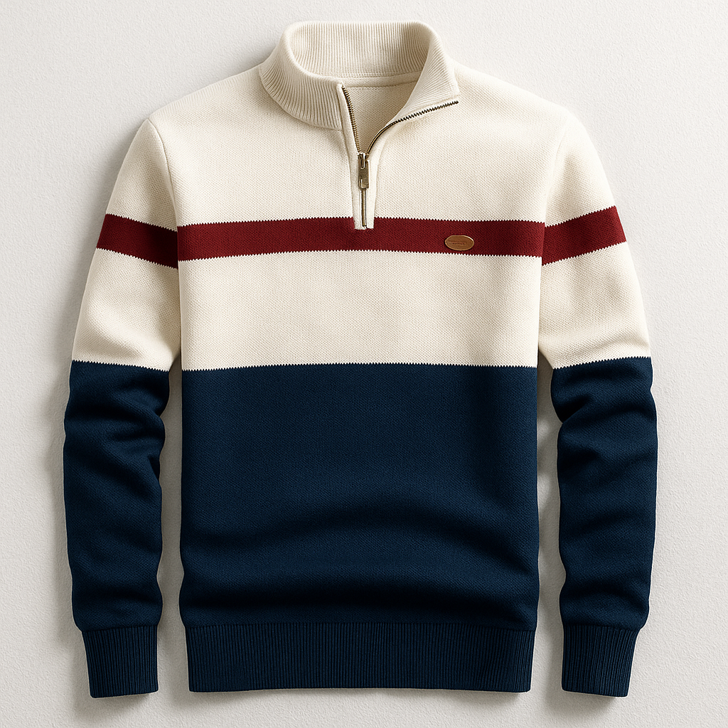 Quarter-Zip Sweater Men's Color Block Knit Mock Neck Pullover – Casual, Office, Gift