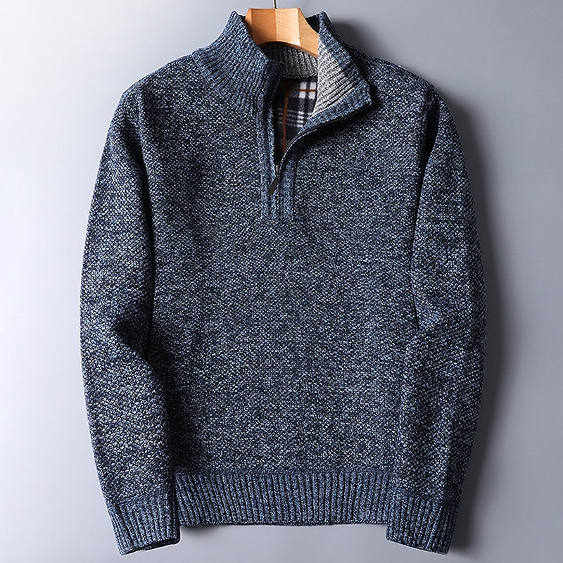 Quarter-Zip Sweater Men's Knit Stand Collar Pullover Blue – Casual, Office, Winter, Gift
