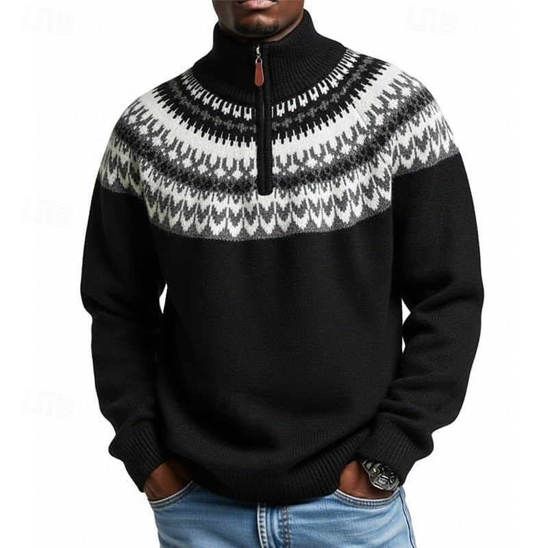 Quarter-Zip Sweater Men's Knitted Nordic Pattern Mock Neck Pullover Gray – Casual, Office, Winter, Gift