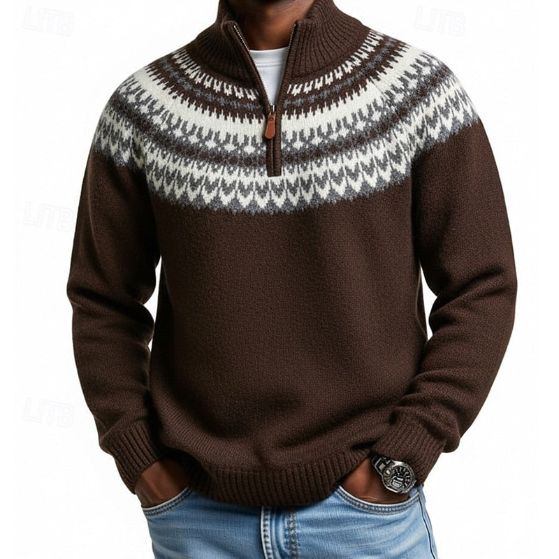 Quarter-Zip Sweater Men's Knitted Nordic Pattern Mock Neck Pullover Gray – Casual, Office, Winter, Gift