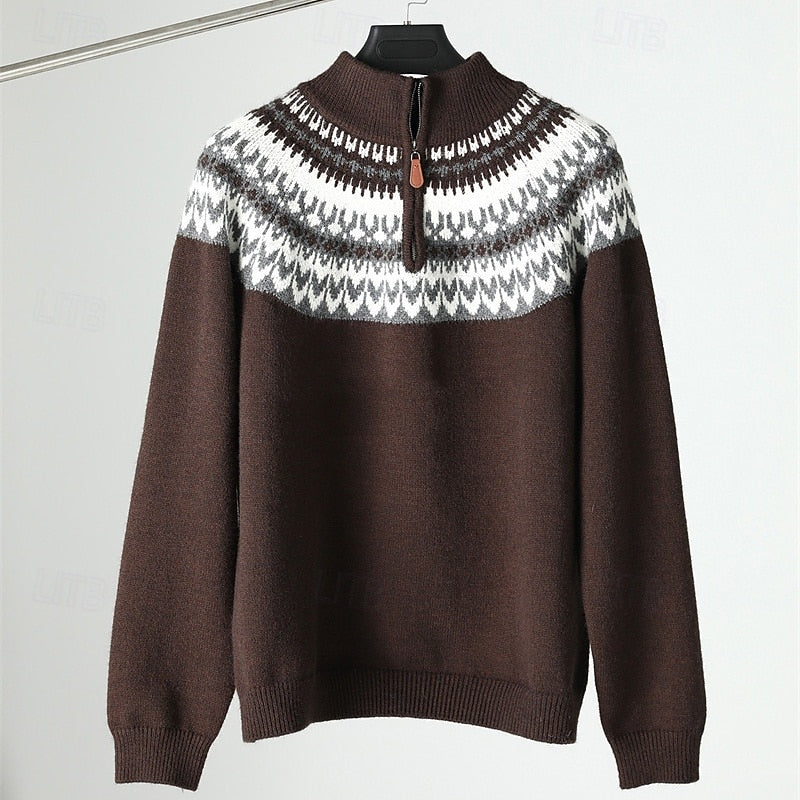 Quarter-Zip Sweater Men's Knitted Nordic Pattern Mock Neck Pullover Gray – Casual, Office, Winter, Gift