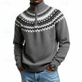 Quarter-Zip Sweater Men's Knitted Nordic Pattern Mock Neck Pullover Gray – Casual, Office, Winter, Gift