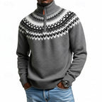 Quarter-Zip Sweater Men's Knitted Nordic Pattern Mock Neck Pullover Gray – Casual, Office, Winter, Gift