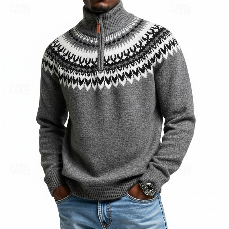 Quarter-Zip Sweater Men's Knitted Nordic Pattern Mock Neck Pullover Gray – Casual, Office, Winter, Gift