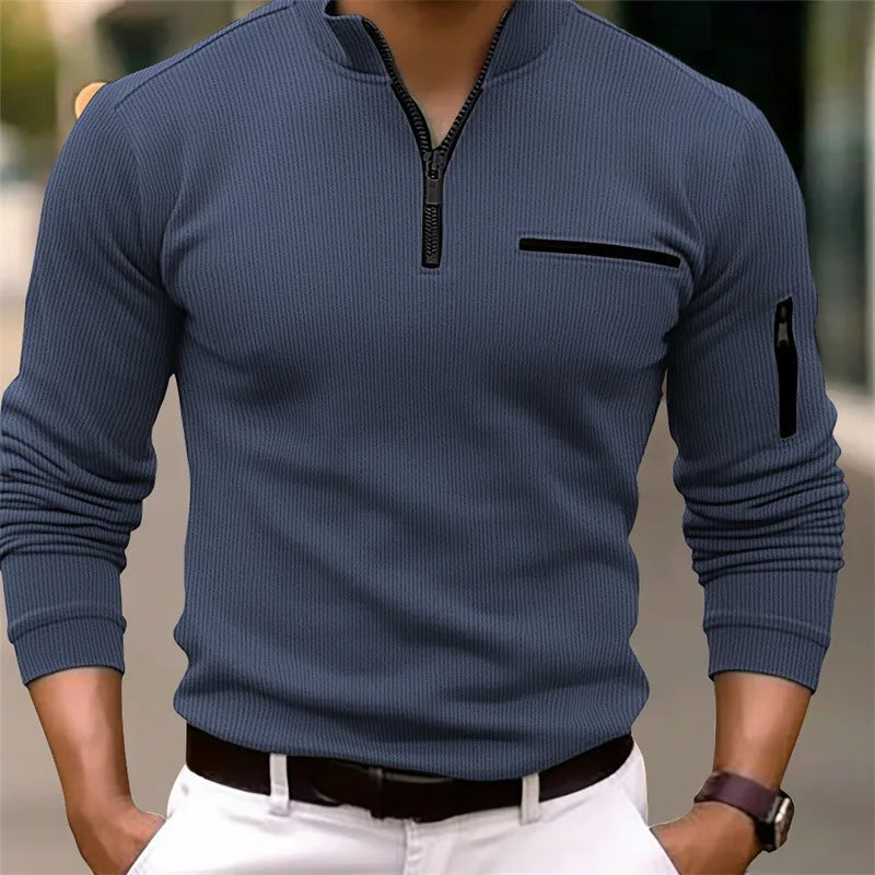 Quarter Zip Sweater Men's Ribbed Long Sleeve Stand Collar Pullover – Casual, Office