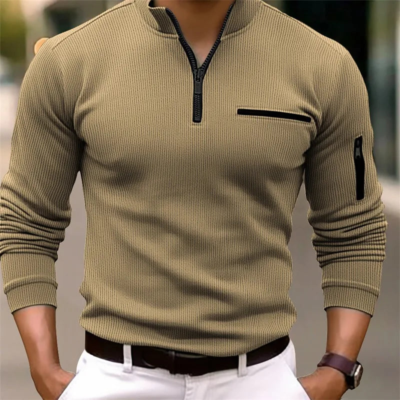 Quarter Zip Sweater Men's Ribbed Long Sleeve Stand Collar Pullover – Casual, Office